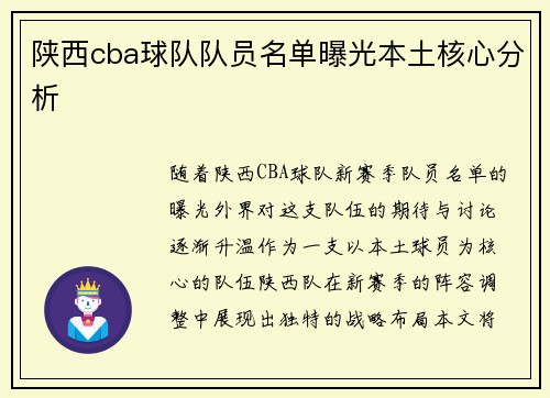 陕西cba球队队员名单曝光本土核心分析